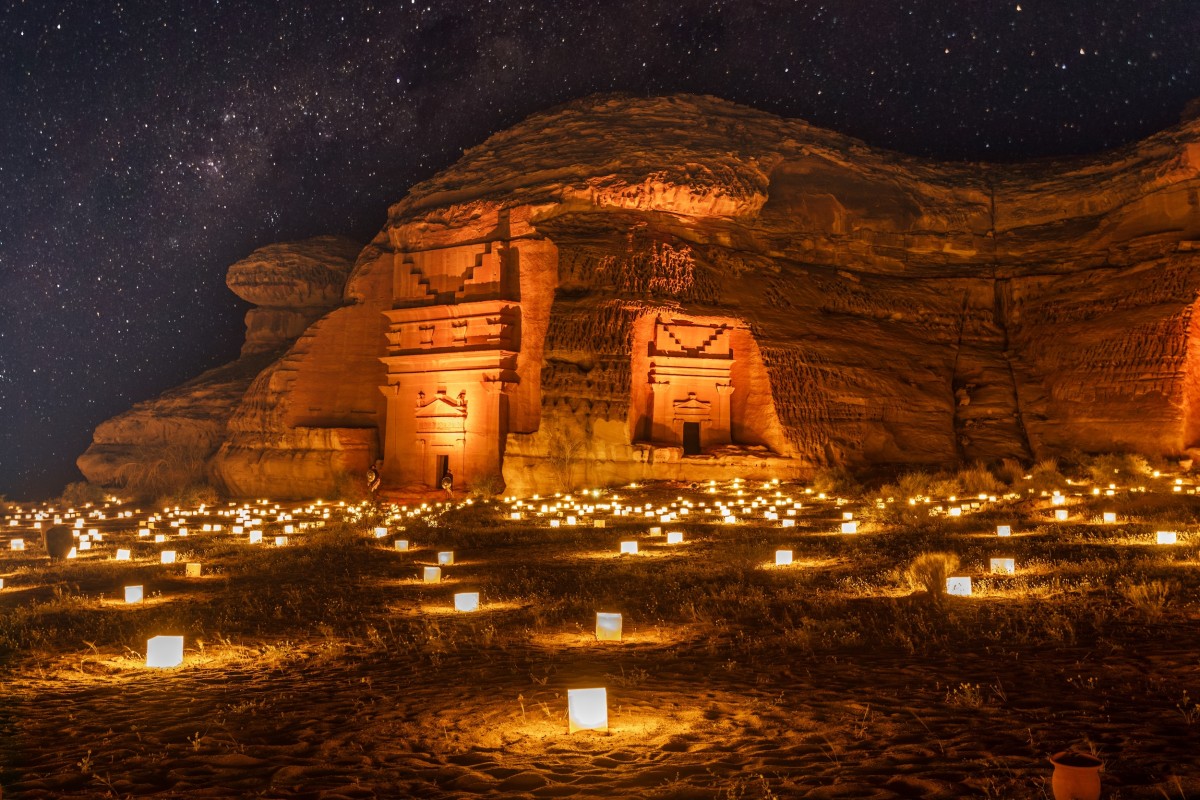 A starlit sky over the ancient Nabataean tombs of Hegra
