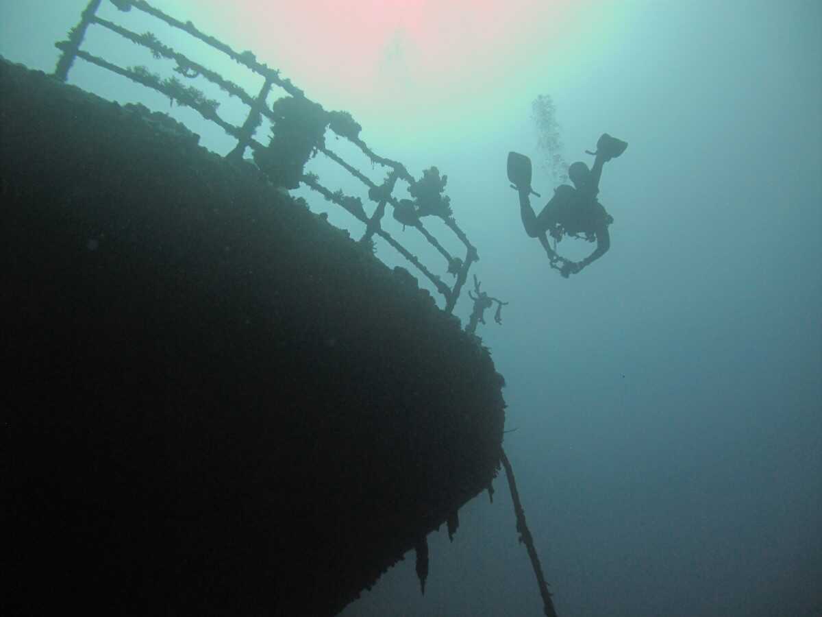 A diver next to the Iona wreck in the Red Sea, off the coast of Yanbu