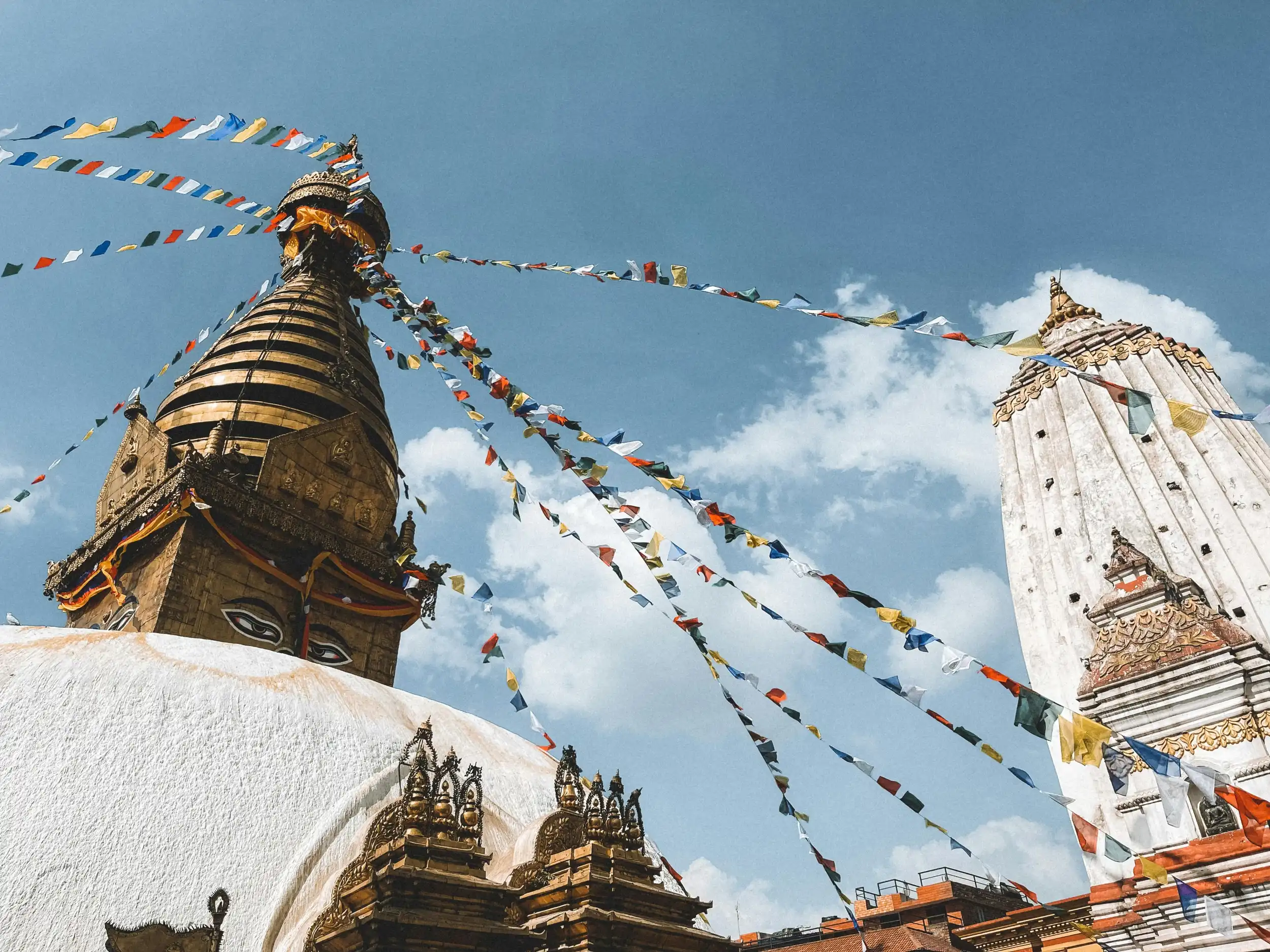 Colourful flags on the sacred Swayambhunath Stupa in Nepal. Pexels