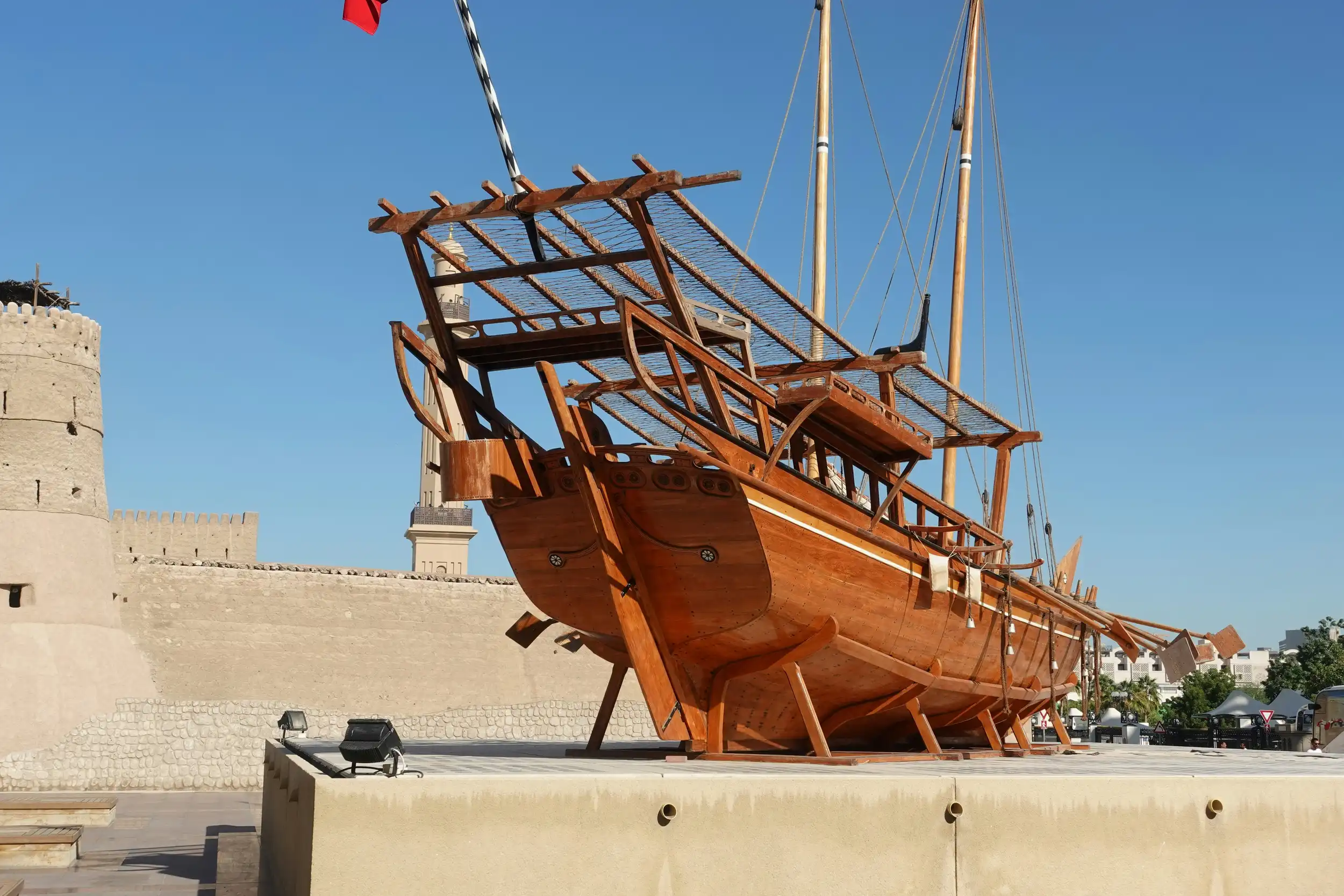 Traditional wooden dhow outside Dubai Museum. Unsplash