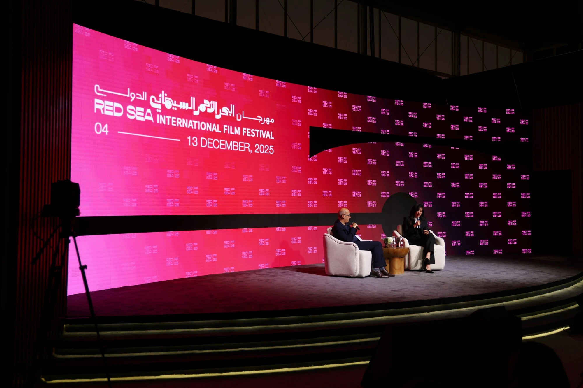 JEDDAH, SAUDI ARABIA - DECEMBER 07: Antoine Khalife and Jury Member, Nadine Labaki speak on stage at the In Conversation with Nadine Labaki during the Red Sea International Film Festival 2025  on December 07, 2025 in Jeddah, Saudi Arabia. (Photo by Tim P. Whitby/Getty Images for The Red Sea International Film Festival)