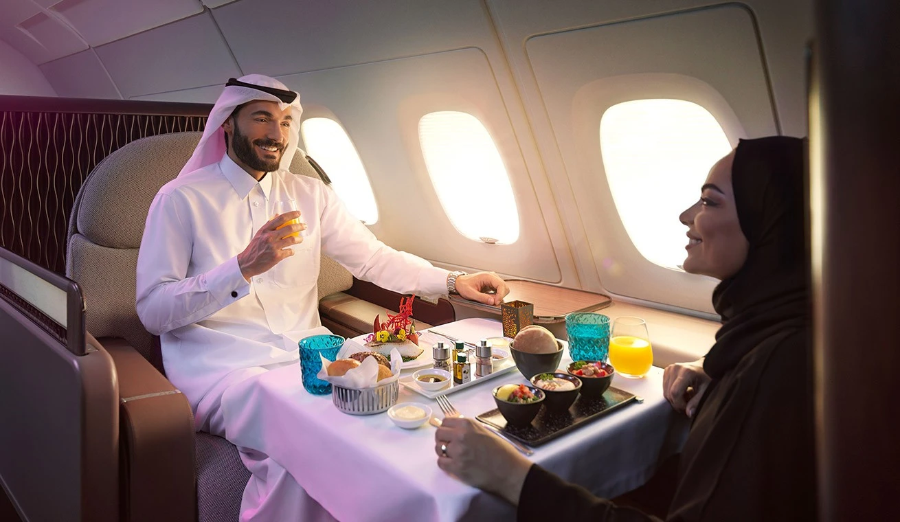 Aircraft | A380 | First-Class | Qatari-Couple | Dining