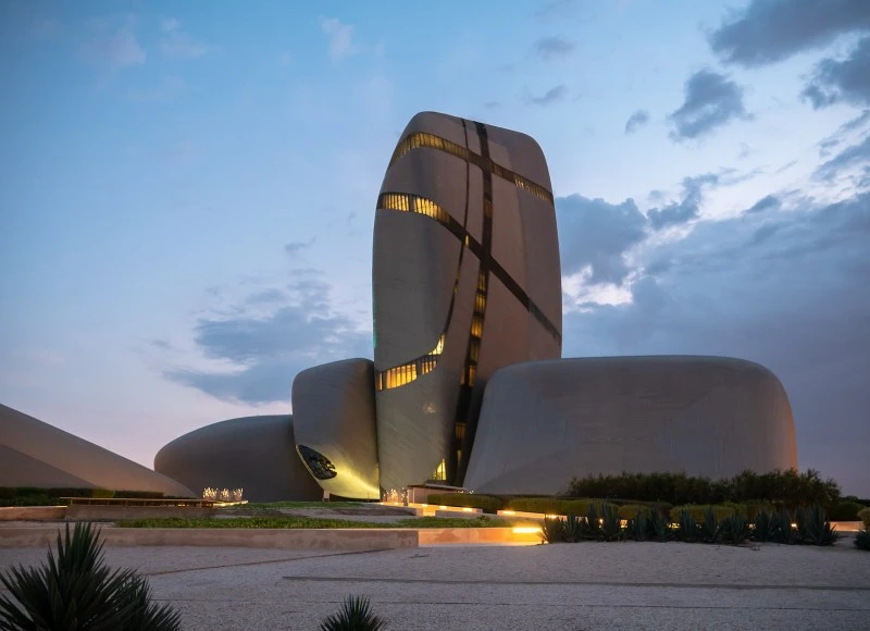 Exterior of Ithra at sunset.
